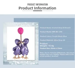 Detailed view of enamel duck brooch with size dimensions 45mm by 23mm and weight info