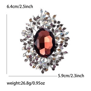 Elegant oval crystal brooch with multicolored rhinestones and vintage silver frame