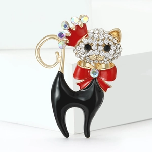 Exquisite Cartoon-Brosche mit schwarzer Katze, roter Krone, Kristalldiamanten und Emaille