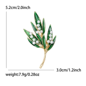 Elegant gold alloy plant brooch with green enamel leaves and white pearls for scarves