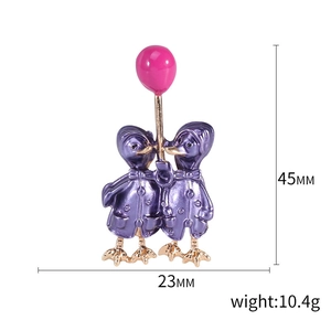 Creative enamel duck couple brooch with pink balloon charm and purple finish