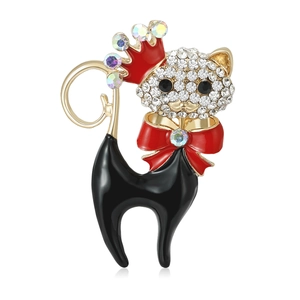Niedliche Legierung Strass Schwarze Katze Brosche Cartoon Tier Pin Rote Schleife Krone Mode Schmuck Damen Kleidung Dekoration