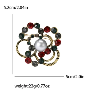 Vintage gold brooch with pearl and colorful rhinestones in floral design, 5cm size