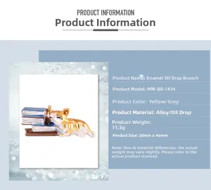 Detailed infographic of a lazy cat on a book enamel brooch with sizes and alloy material info