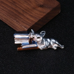 Detailed view of an artistic cat resting on miniature books with enamel finish and metal texture