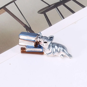 Detail of creative enamel pin showing a cute striped cat resting on stacked books