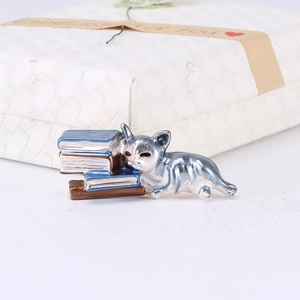 Detail of cute enamel cat brooch on stacked books with elegant gift box packaging