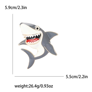 Cartoon shark enamel brooch pin with dimensions 5.9cm x 5.5cm and weight 26.4g
