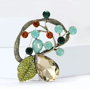 Vintage branch brooch with multi-color rhinestones and champagne pear-shaped crystal