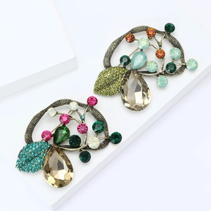 Vintage gold crystal leaf brooches with multicolor rhinestones and brown teardrop gems