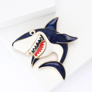 Creative cartoon shark enamel brooch in navy blue and gold for suits and coats
