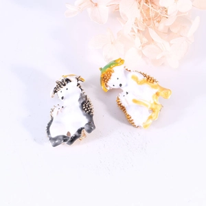 Cute enamel hedgehog mother and child brooch pins in black, white, and vibrant colors
