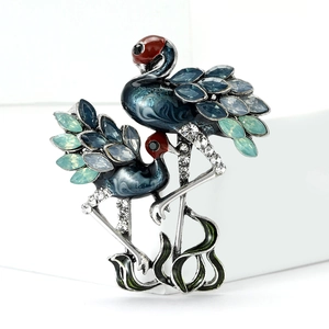 Artistic twin flamingo brooch with blue gradient enamel and sparkling rhinestones