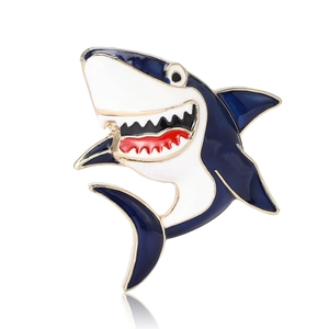 Cartoon shark enamel brooch in blue and white alloy with gold trim for suits and coats