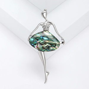 Elegant ballet dancer brooch with natural abalone shell skirt and sparkling crystals