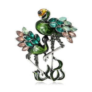 Vintage Alloy Enamel Animal Crane Brooch Elegant Rhinestone Inlaid Pin For Women Fashion Sweater Coat Jewelry Decoration Gift