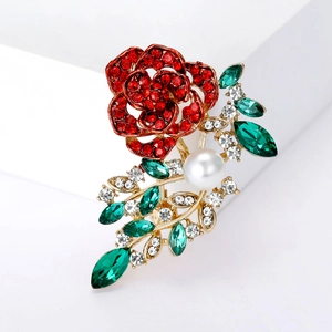Elegant Alloy Rose Flower Brooch For Women Red Rhinestone Crystal Inlaid Pin With Faux Artificial Pearl Vintage Jewelry Accessory Gift