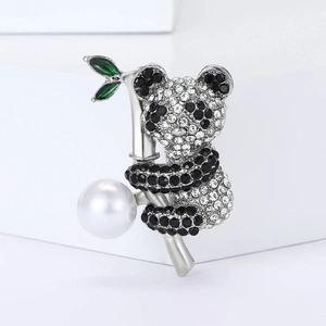 Cute Panda Holding Bamboo Brooch For Women Alloy Rhinestone Enamel Leaf Imitation Artificial Pearl Animal Suit Sweater Pins Jewelry