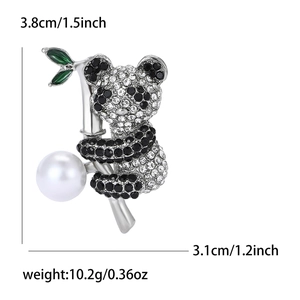 Cute alloy panda brooch with rhinestones, green bamboo leaf, and a large white pearl