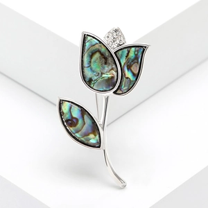 Vintage tulip flower brooch with colorful abalone shell inlays and sparkling crystal accents