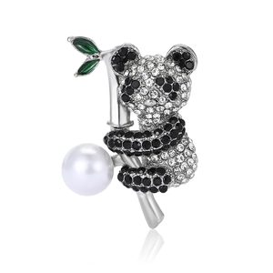 Chic panda brooch with sparkling rhinestones, silver bamboo and elegant pearl detail