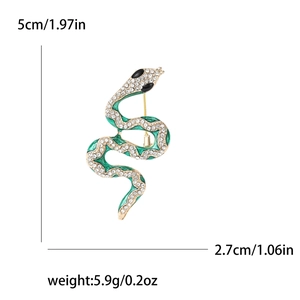 Broche serpent verte élégante avec cristaux et finition dorée, taille 5 cm pour accessoire mode