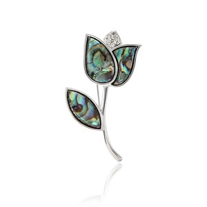 Elegant Alloy Silver Tulip Brooch With Abalone Shell Inlay Rhinestone Floral Breastpin For Women Wedding Party Jewelry Gift