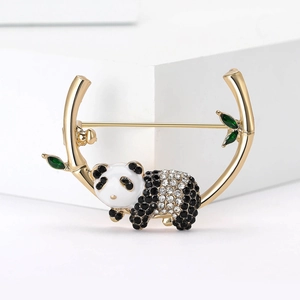 Cute Panda Bamboo Alloy Rhinestone Brooch Pin Fashion Animal Enamel Lapel Badge Jewelry For Women Men Clothing Decor Gift