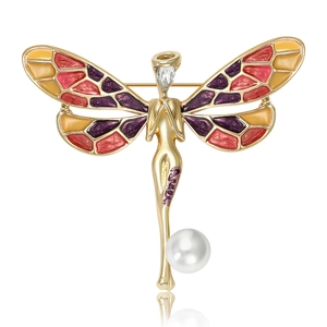 Elegante Spilla a Forma di Fata Libellula in Lega Smaltata per Donna Vintage Placcata Oro con Strass e Perla Artificial Imitazione