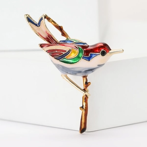 Chic gold alloy bird brooch with colorful enamel finish on minimalist white background