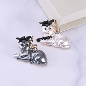 Cute cartoon puppy brooch pins with graduation caps and rhinestones for women