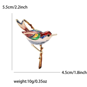 Colorful enamel bird brooch on a branch with dimensions 5.5cm x 4.5cm for women suit