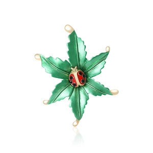 Enamel Ladybug Green Leaf Brooch For Women Vintage Pastoral Alloy Rhinestone Insect Pin Fashion Clothing Accessory Jewelry