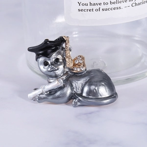 Detail of cute cat brooch with graduation cap, golden tassel and sparkling rhinestones
