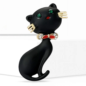 Broche Chat Noir en Alliage Émaillé Avec Noeud en Strass pour Femmes Hommes Mignon Animal Bijoux Vêtements Accessoires Cadeau