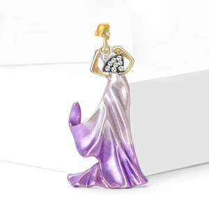 Elegant folding fan lady brooch with purple enamel gradient and rhinestones in gold