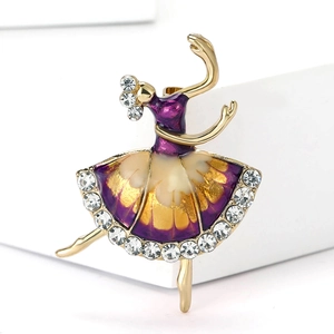 Elegante spilla da ballerina in lega dorata con smalto viola e strass scintillanti