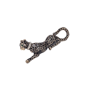 Elegant gold leopard brooch with black enamel spots and sparkling crystal collar