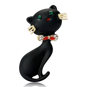 Cute Black Cat Enamel Brooch Pin For Women Men Alloy Drip Oil Green Rhinestone Eye Bowtie Animal Lapel Pin Jewelry Accessory