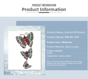 Detailed size and weight specs for the colorful triple butterfly alloy brooch pin