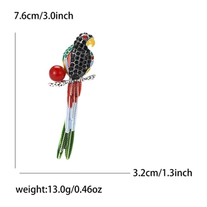 Broche perroquet colorée avec strass et émail, dimensions 7,6 cm par 3,2 cm