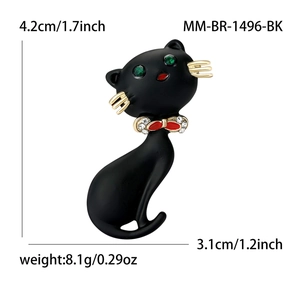 Broche chat noir en alliage avec yeux verts et nœud rouge, taille 4,2x3,1 cm