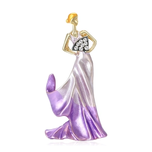 Elegant gold-plated lady brooch with purple enamel dress and rhinestone fan detail