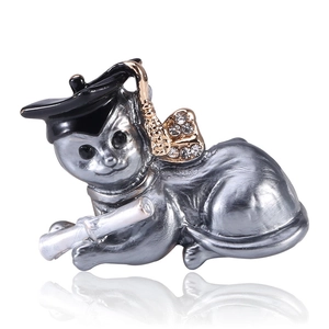 Cute Creative Alloy Animal Cat Brooch With Graduation Cap Rhinestone Enamel Pin For Graduation Gift Party Women Jewelry