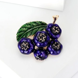 Creative blueberry brooch with purple enamel berries and green leaf on gold base