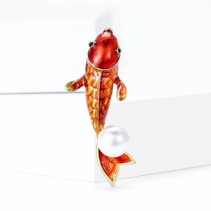 Exquisite red koi fish brooch with enamel finish and a round white pearl accent