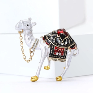 Exotic silver camel brooch with colorful enamel saddle and sparkling crystal rhinestones