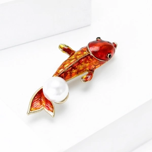 Exquisite koi carp brooch with red enamel gradient and a large white pearl accent