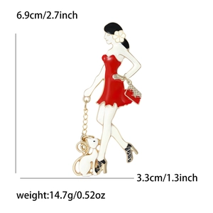 Elegant enamel brooch of a lady in a red dress with a white cat, gold-tone alloy pin