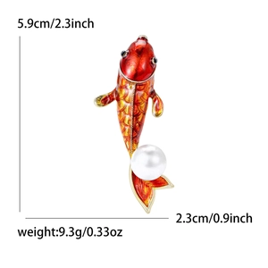 Creative koi carp brooch with red enamel gradient and large pearl, size 5.9cm x 2.3cm